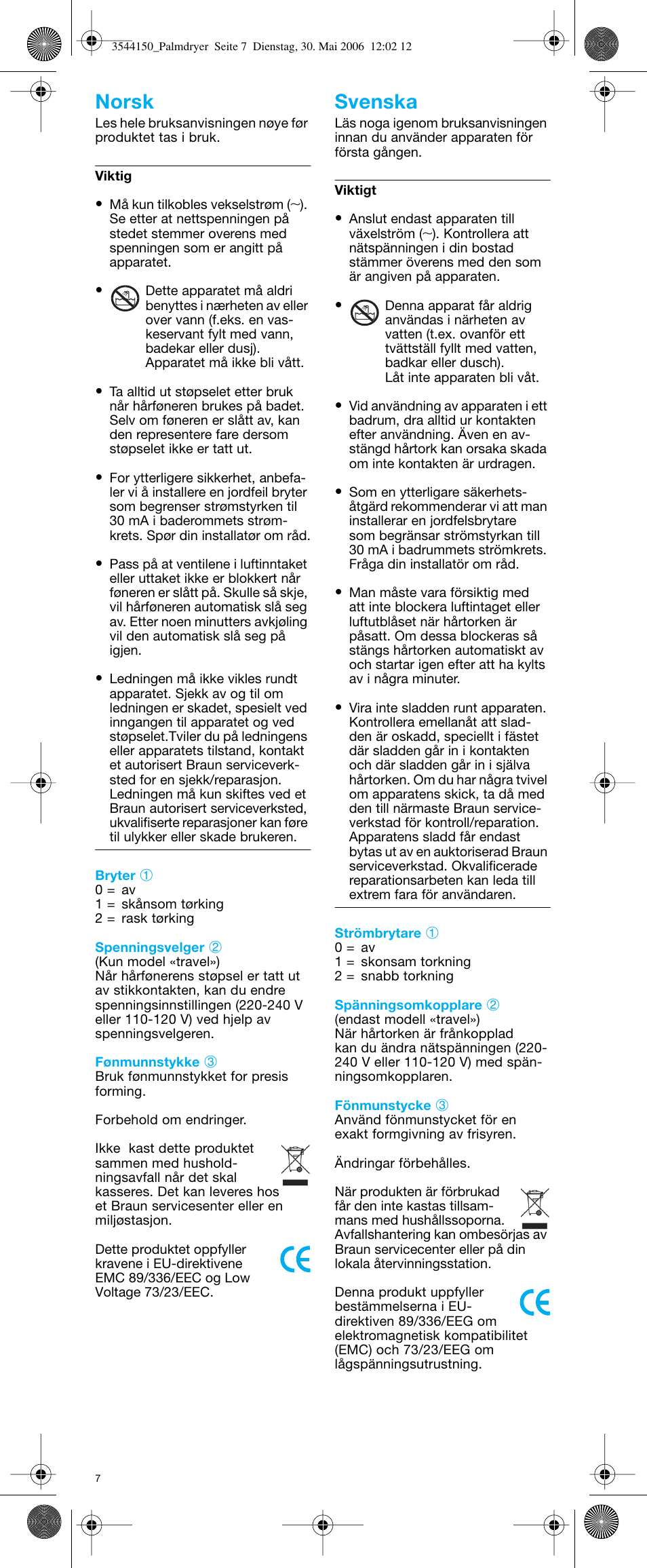 Norsk svenska | Braun PD2 e-Go Travel User Manual | Page 7 / 19