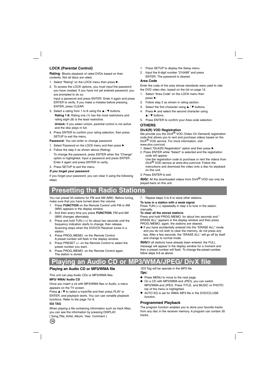 Playing an audio cd or mp3/wma/jpeg/ divx file, Presetting the radio stations | LG DVT812 User Manual | Page 10 / 15
