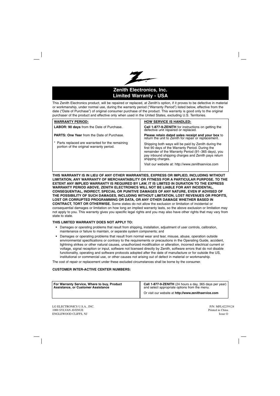 Zenith electronics, inc. limited warranty - usa | LG DVT812 User Manual | Page 15 / 15
