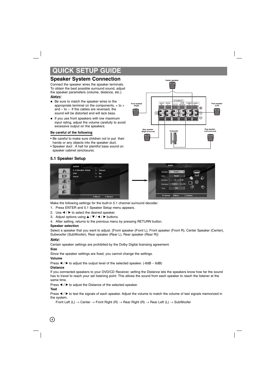 Quick setup guide, Speaker system connection | LG DVT812 User Manual | Page 4 / 15