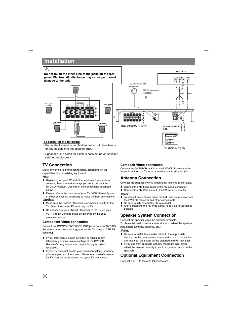 Installation, Tv connection, Antenna connection | Speaker system connection, Optional equipment connection | LG DVT812 User Manual | Page 6 / 15