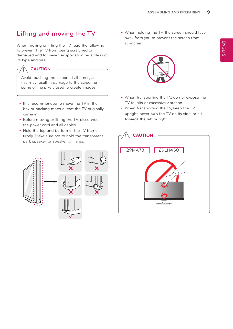 Lifting and moving the tv | LG 29LN450W User Manual | Page 10 / 58