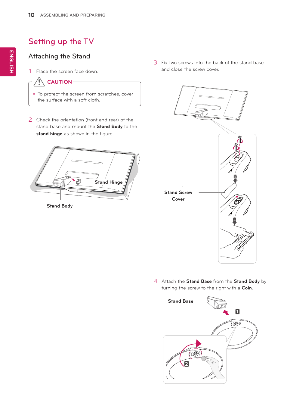 Setting up the tv, Attaching the stand, See p.10, see p | See p.10 | LG 29LN450W User Manual | Page 11 / 58