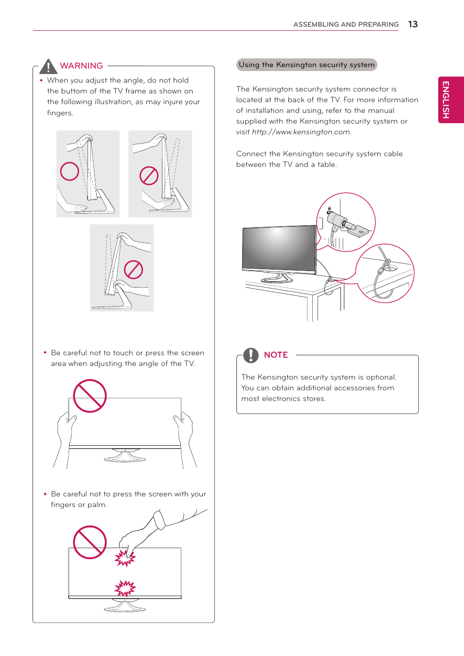 English, Warning | LG 29LN450W User Manual | Page 14 / 58