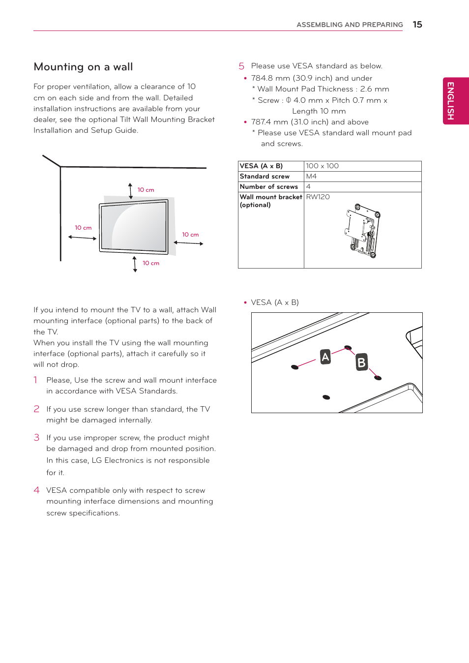 Mounting on a wall | LG 29LN450W User Manual | Page 16 / 58