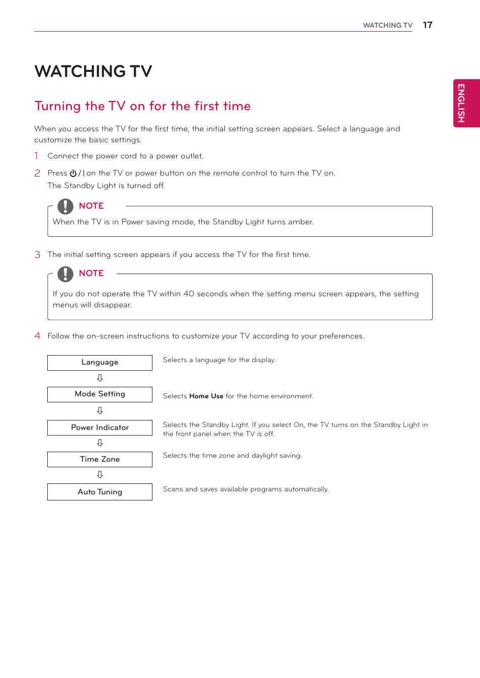 Watching tv, Turning the tv on for the first time | LG 29LN450W User Manual | Page 18 / 58