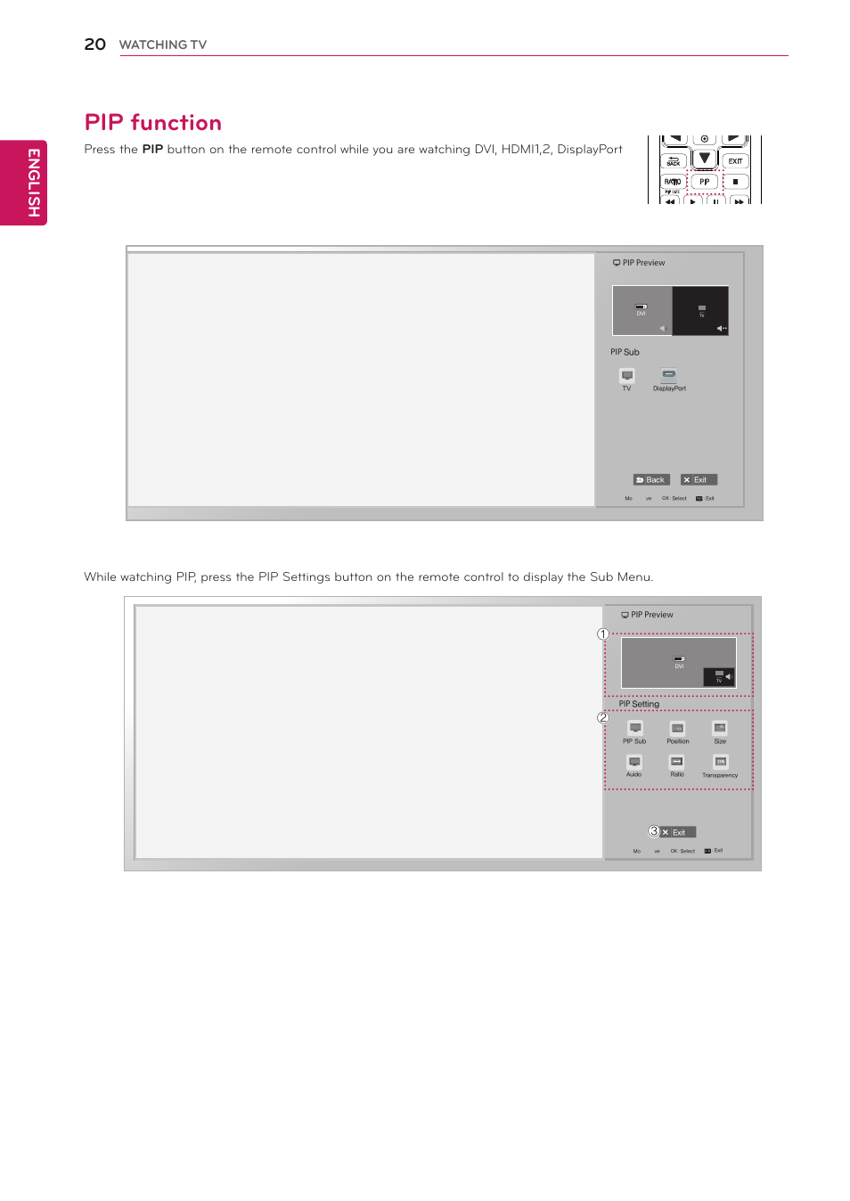 Pip function, 20 pip function, English | LG 29LN450W User Manual | Page 21 / 58