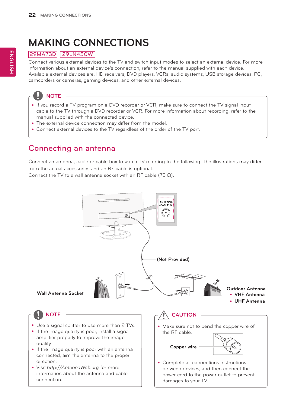 Making connections, Connecting an antenna, 22 connecting an antenna | LG 29LN450W User Manual | Page 23 / 58