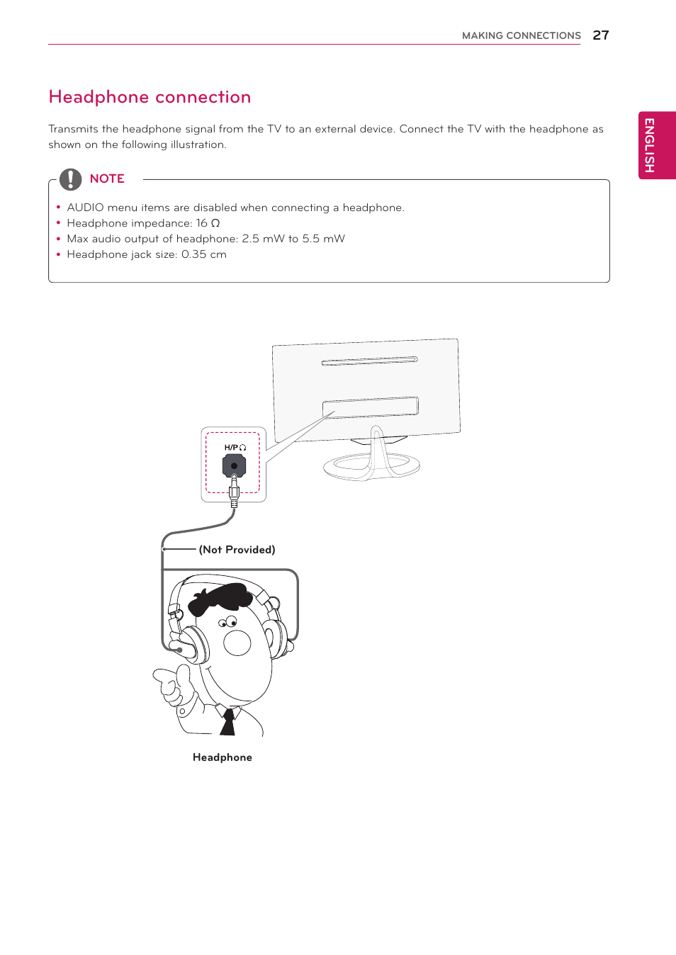 Headphone connection | LG 29LN450W User Manual | Page 28 / 58