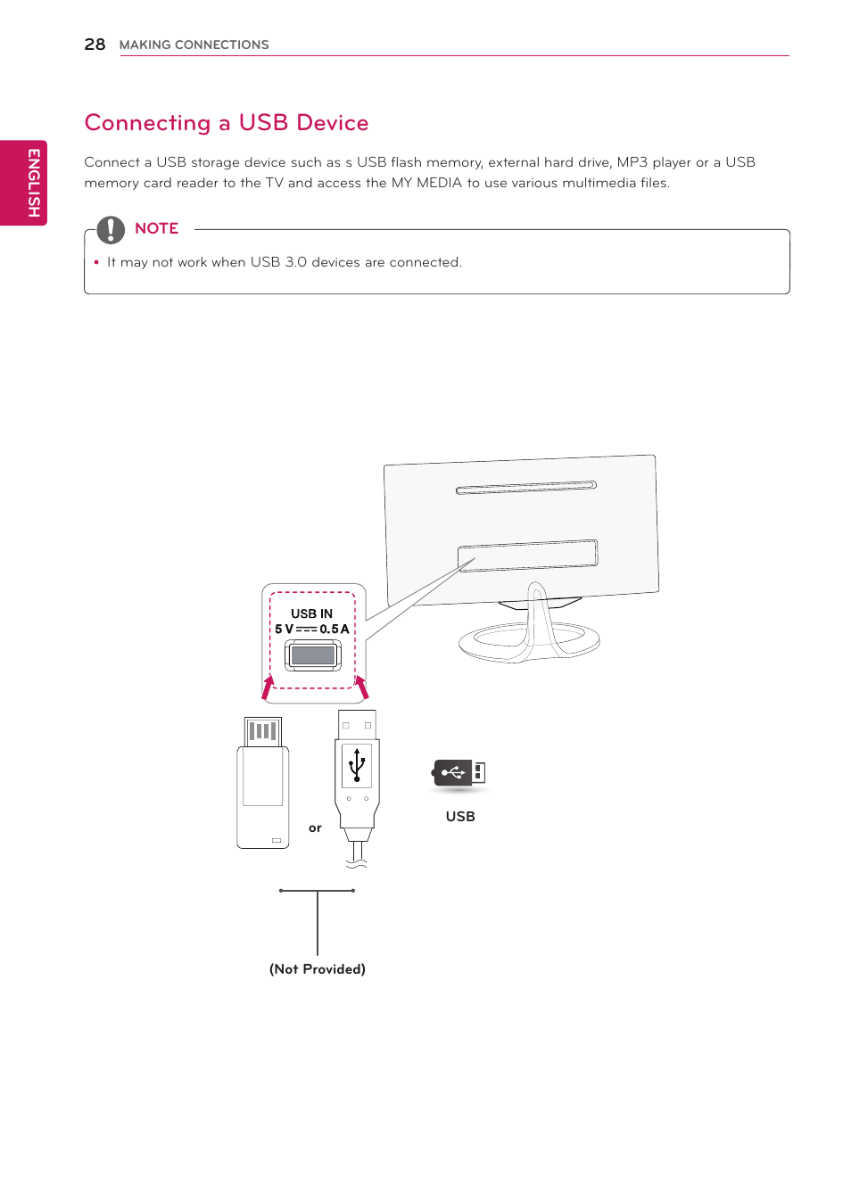 Connecting a usb device, 28 connecting a usb device | LG 29LN450W User Manual | Page 29 / 58