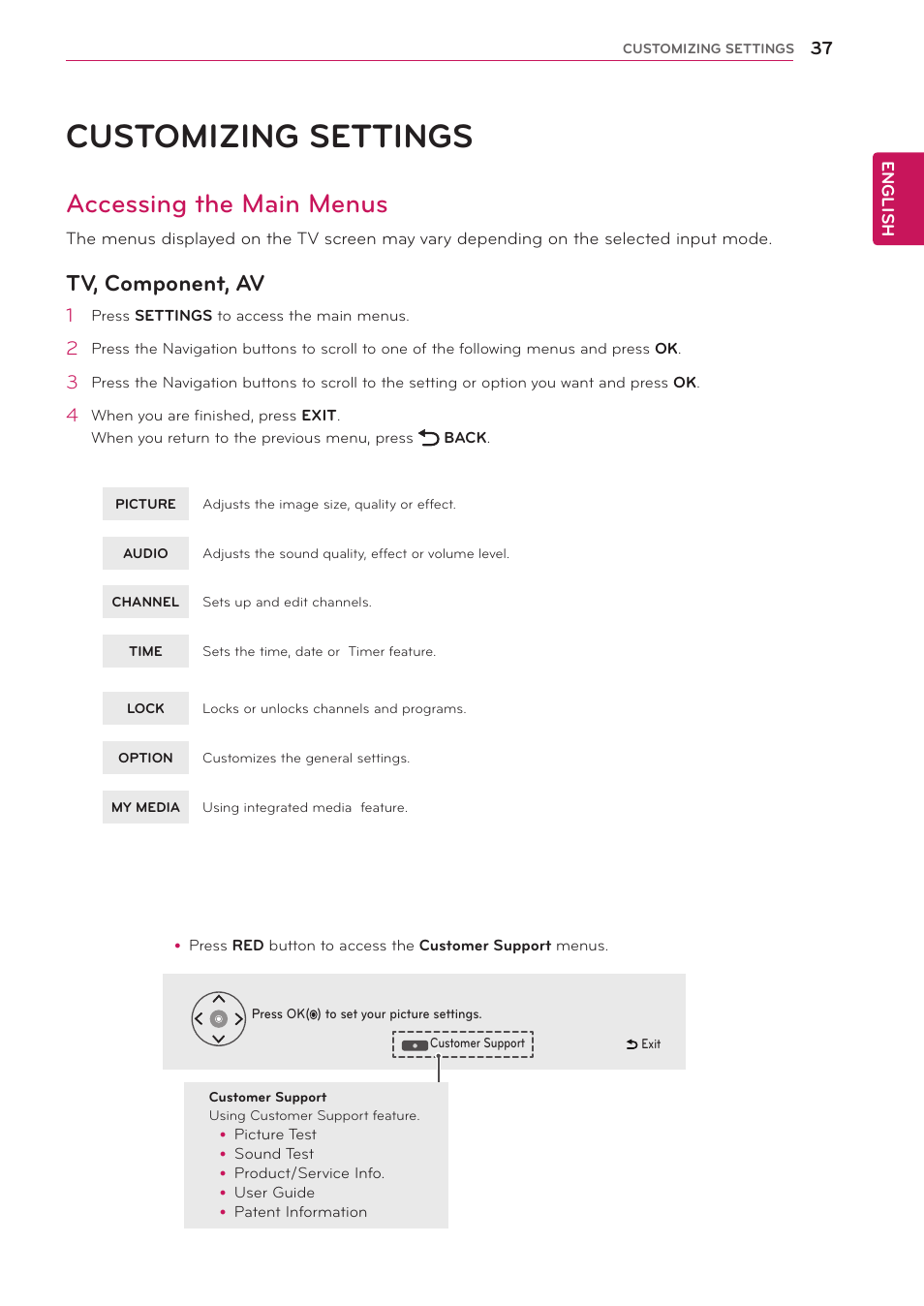 Customizing settings, Accessing the main menus, Tv, component, av | LG 29LN450W User Manual | Page 38 / 58