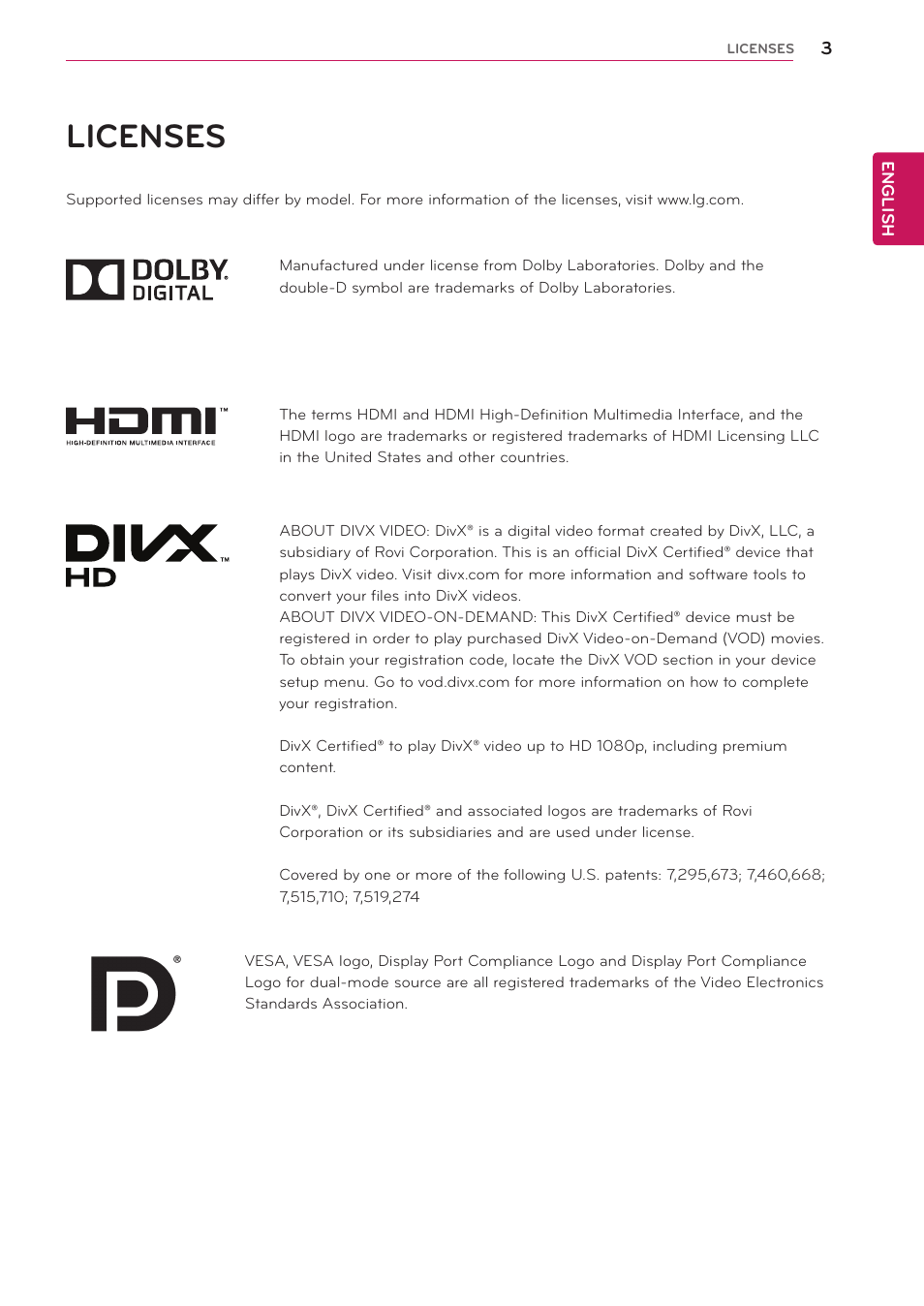 Licenses | LG 29LN450W User Manual | Page 4 / 58