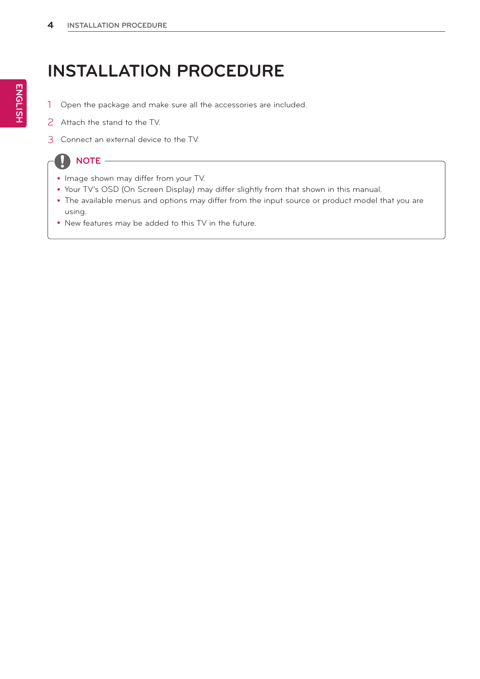 Installation procedure | LG 29LN450W User Manual | Page 5 / 58