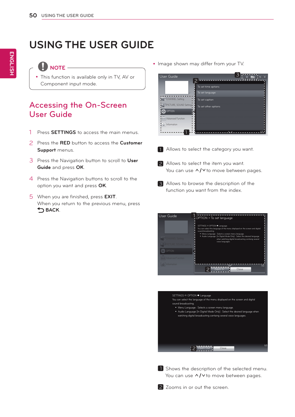 Using the user guide, Accessing the on-screen user guide, 0 accessing the on-screen user guide | English | LG 29LN450W User Manual | Page 51 / 58