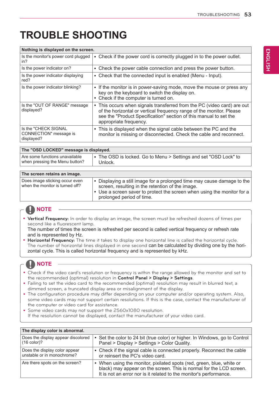 Troubleshooting, Trouble shooting | LG 29LN450W User Manual | Page 54 / 58