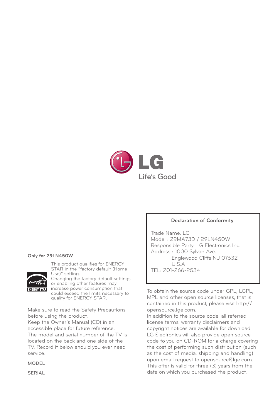 LG 29LN450W User Manual | Page 57 / 58