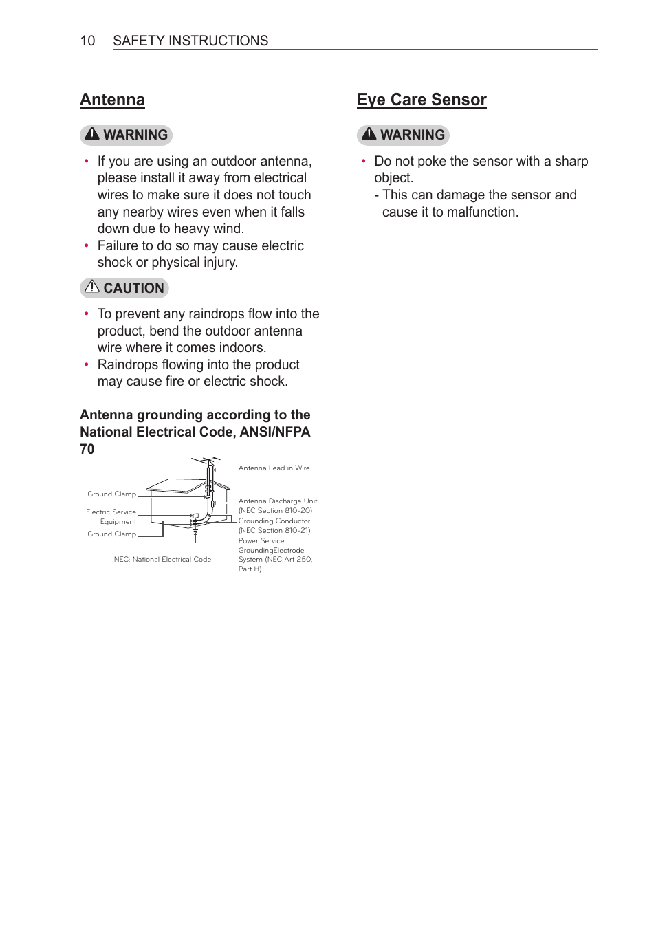 Antenna, Eye care sensor | LG HECTO User Manual | Page 10 / 107