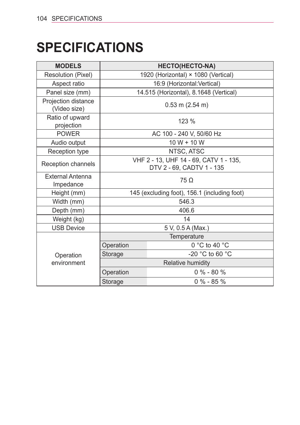 Specifications | LG HECTO User Manual | Page 104 / 107