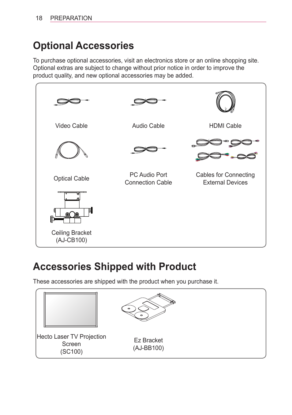 Optional accessories, Accessories shipped with product, Accessories shipped with product 18 | LG HECTO User Manual | Page 18 / 107