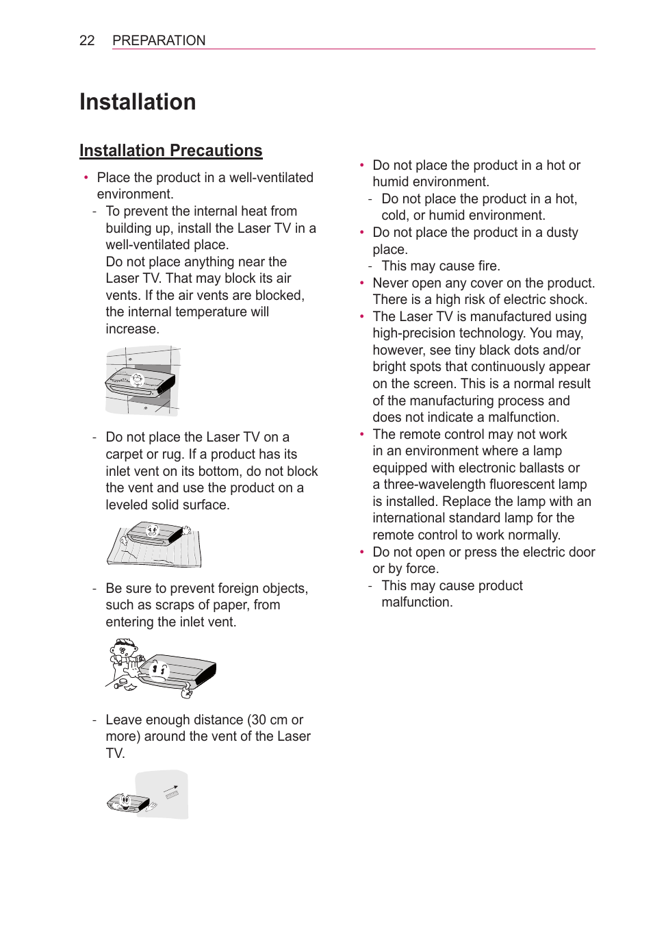 Installation, Installation precautions | LG HECTO User Manual | Page 22 / 107