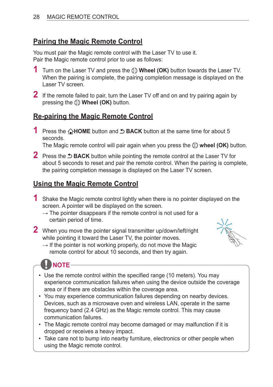Pairing the magic remote control, Re-pairing the magic remote control, Using the magic remote control | Pairing the magic remote control 28, Using the magic remote control 28 | LG HECTO User Manual | Page 28 / 107