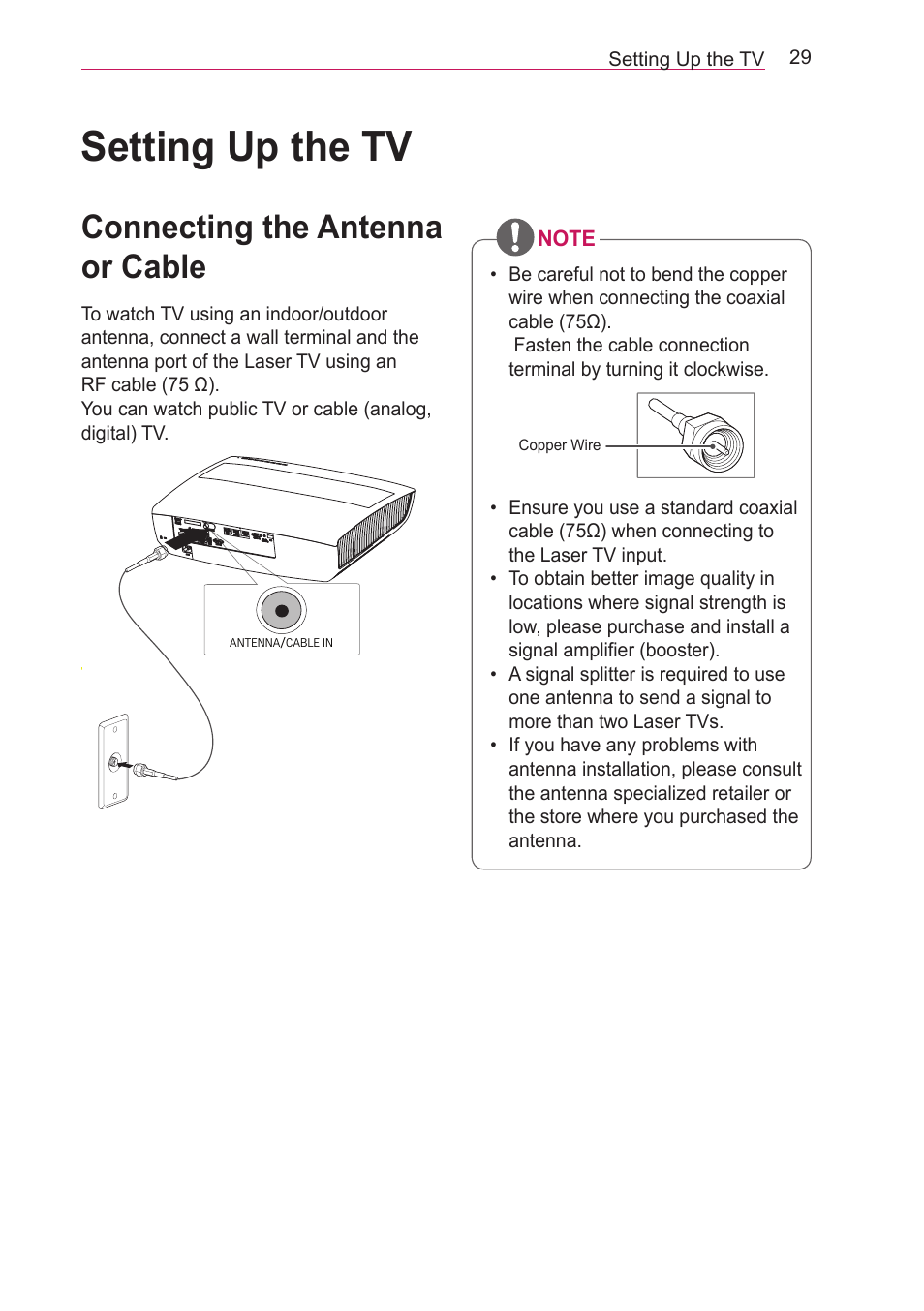 Setting up the tv, Connecting the antenna or cable, Connecting the antenna or cable 29 | LG HECTO User Manual | Page 29 / 107