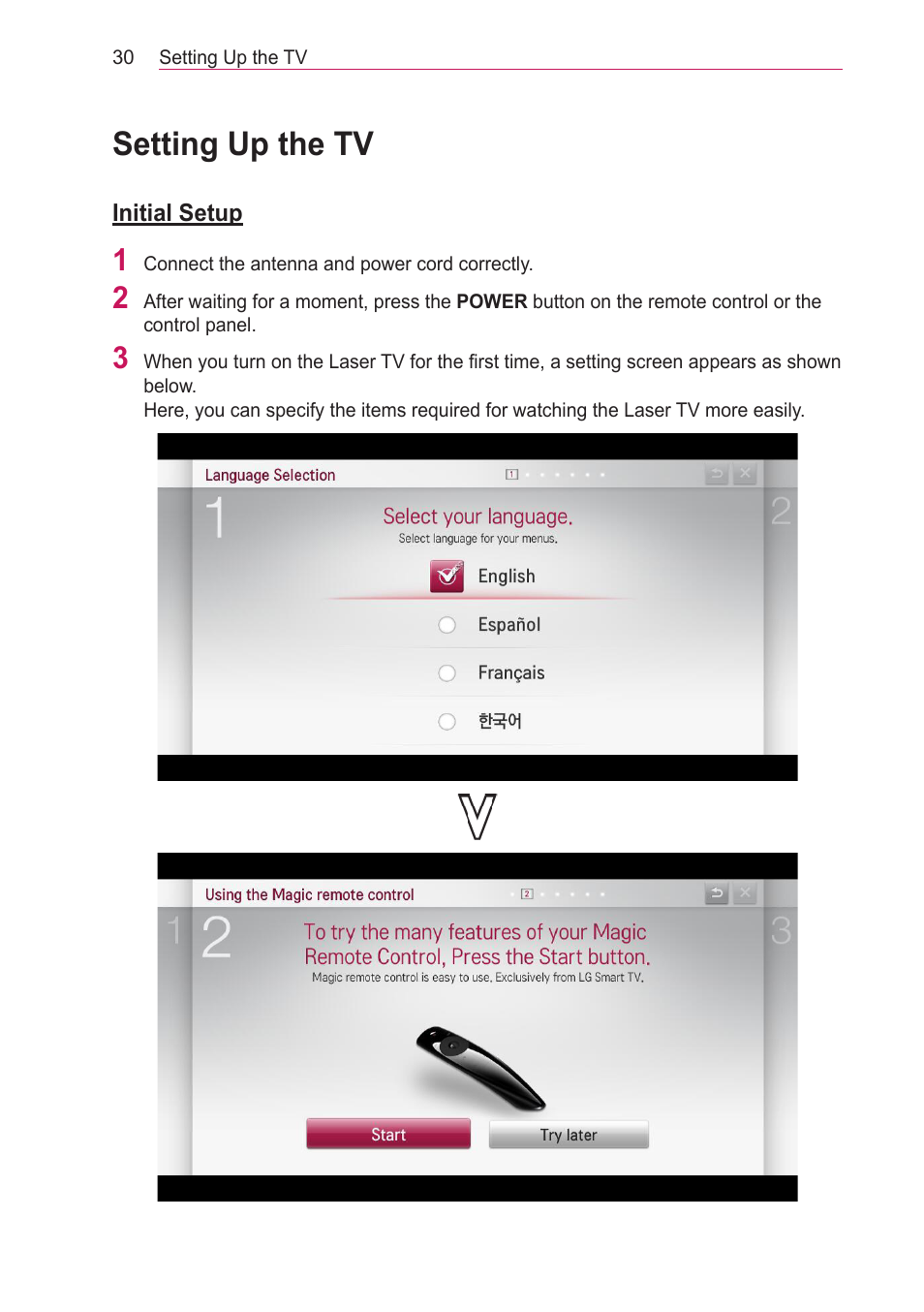 Setting up the tv, Initial setup | LG HECTO User Manual | Page 30 / 107