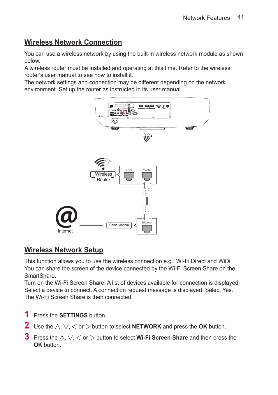 Wireless network connection, Wireless network setup | LG HECTO User Manual | Page 41 / 107