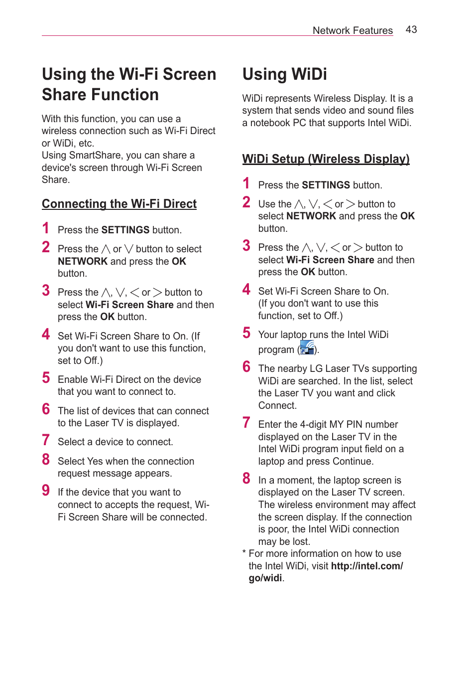 Using the wi-fi screen share function, Connecting the wi-fi direct, Using widi | Widi setup (wireless display), Using the wi-fi screen share, Function | LG HECTO User Manual | Page 43 / 107