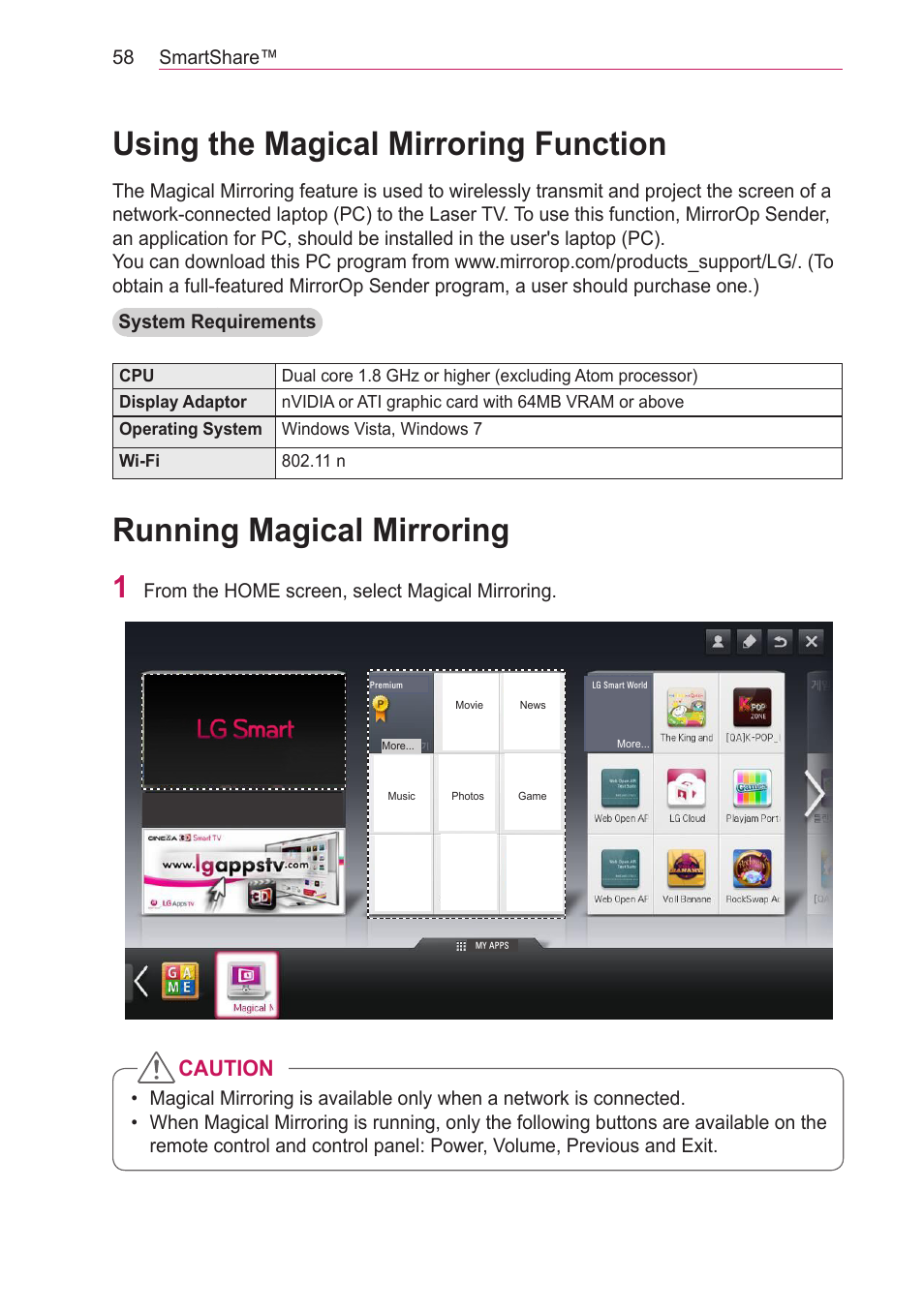 Using the magical mirroring function, Running magical mirroring, Caution | LG HECTO User Manual | Page 58 / 107