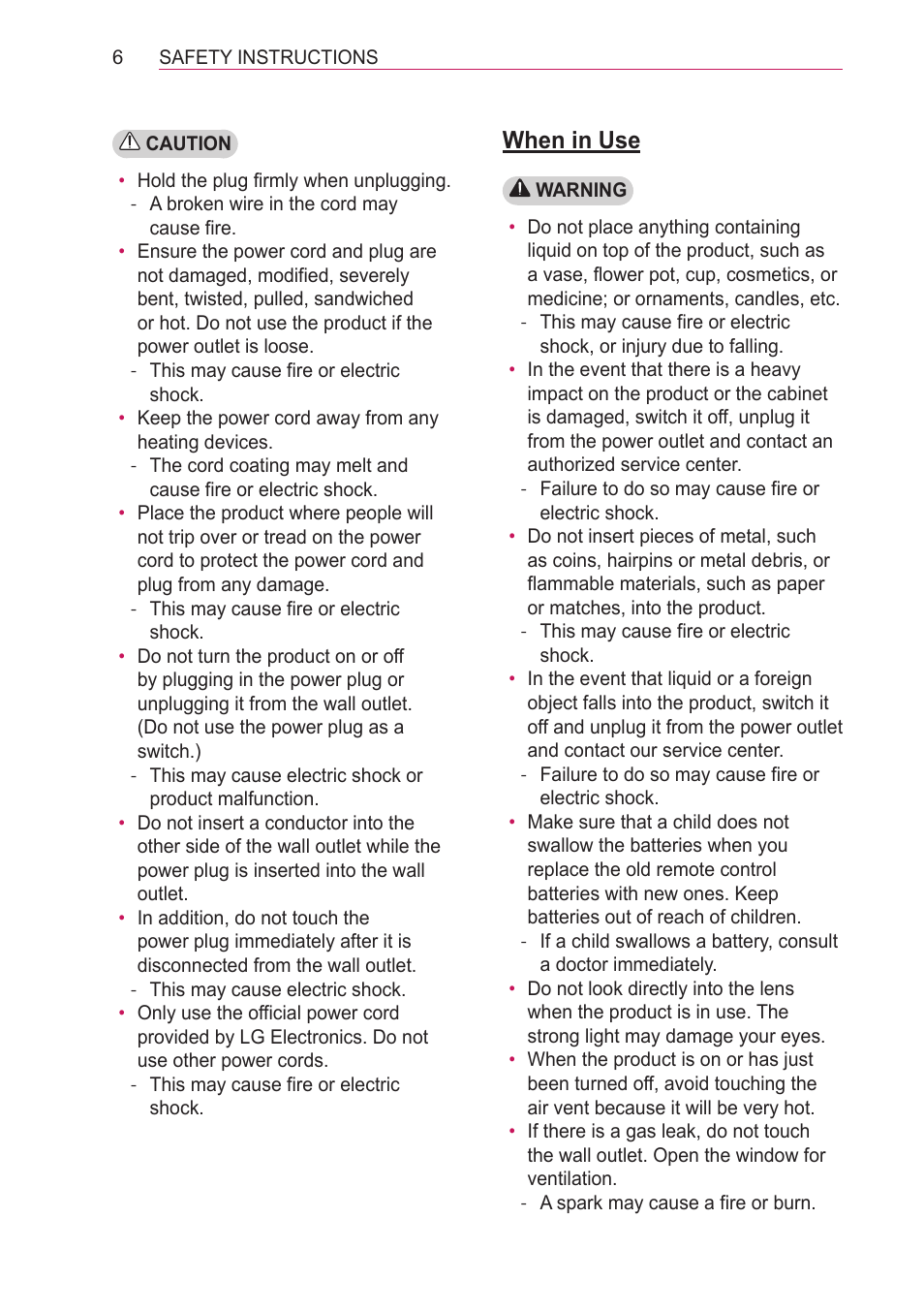 When in use | LG HECTO User Manual | Page 6 / 107