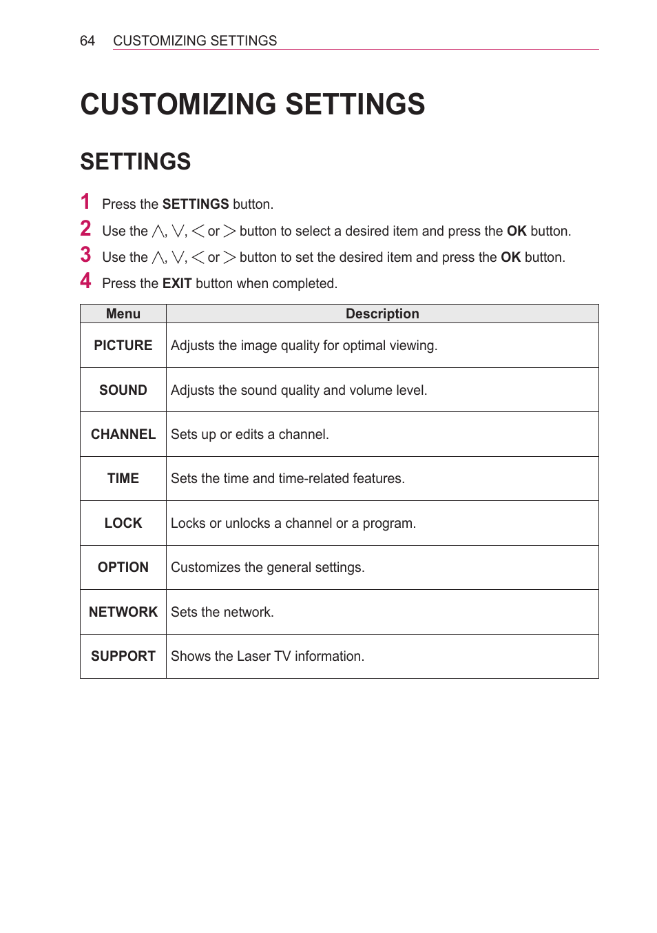 Customizing settings, Settings, Customizing settings 64 | LG HECTO User Manual | Page 64 / 107