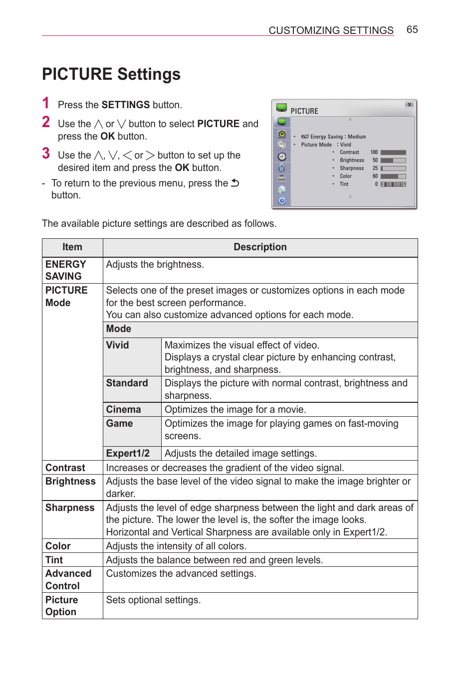 Picture settings | LG HECTO User Manual | Page 65 / 107