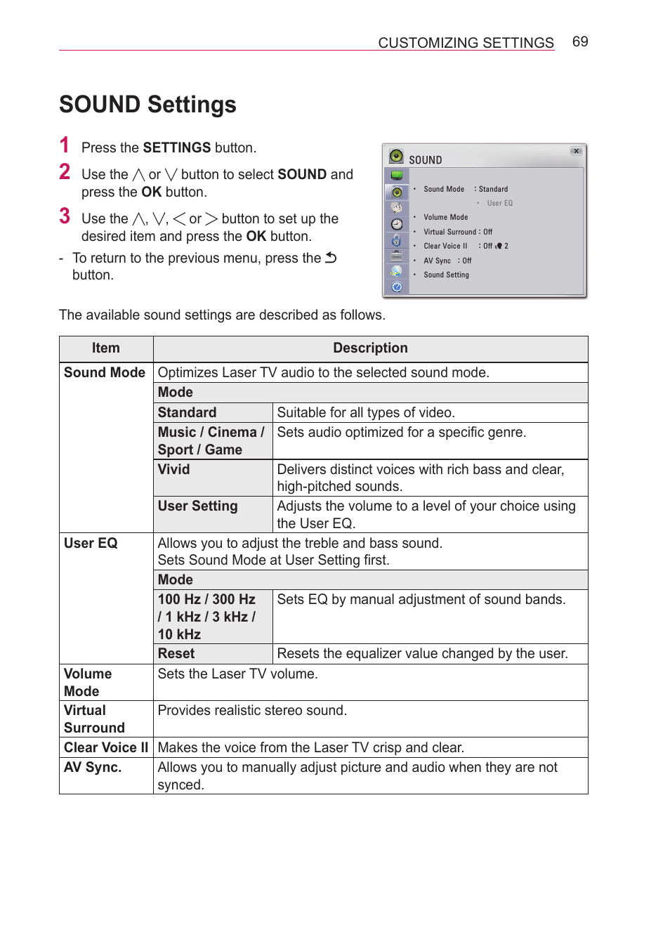 Sound settings | LG HECTO User Manual | Page 69 / 107