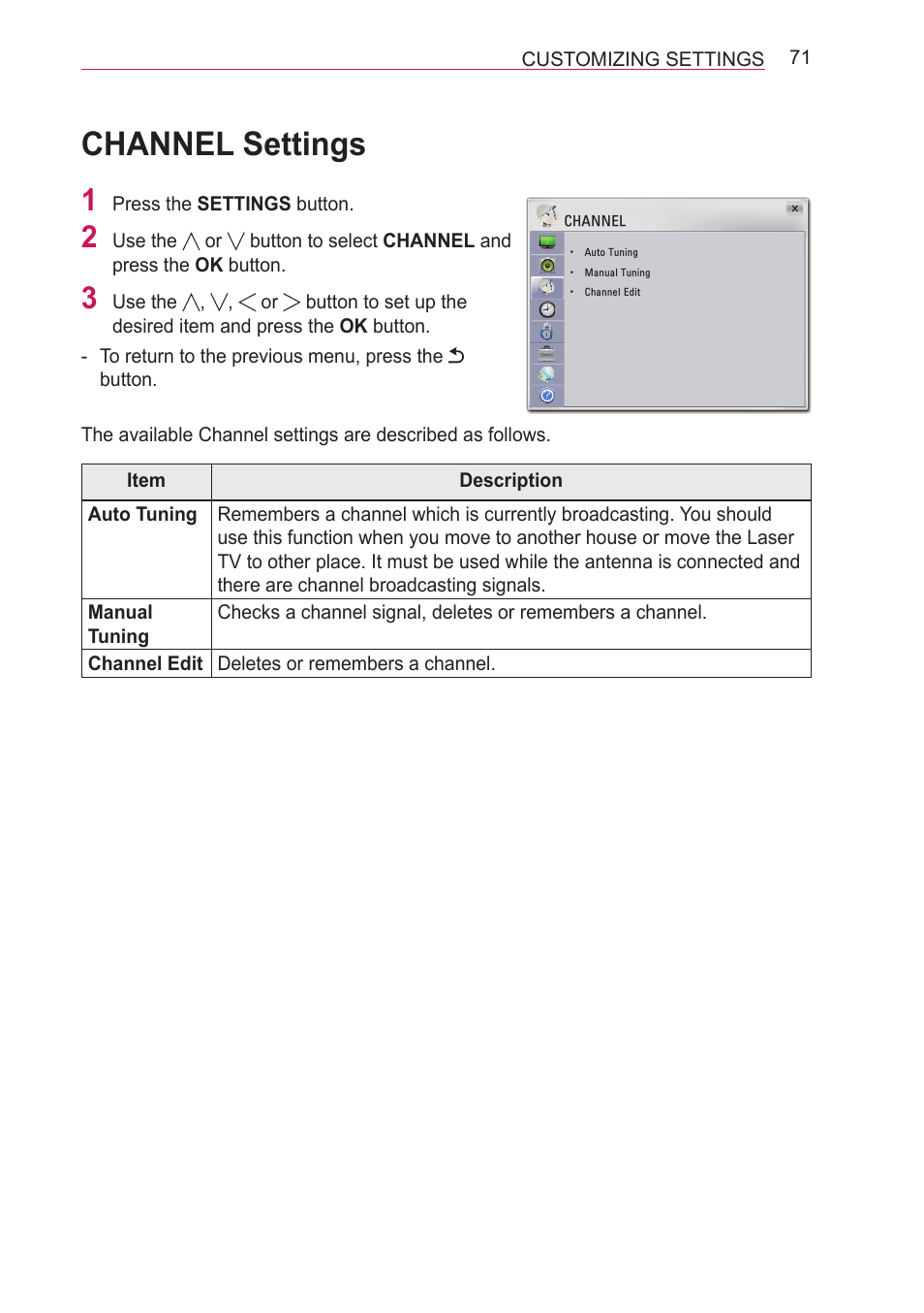 Channel settings | LG HECTO User Manual | Page 71 / 107