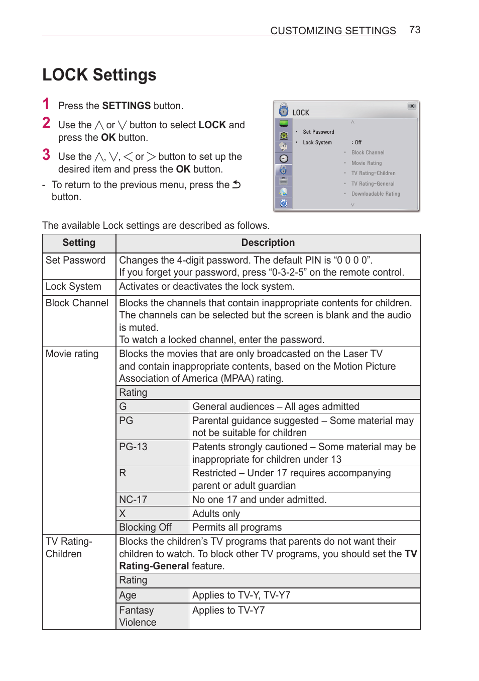 Lock settings | LG HECTO User Manual | Page 73 / 107