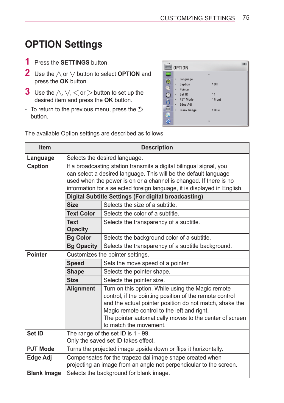 Option settings | LG HECTO User Manual | Page 75 / 107