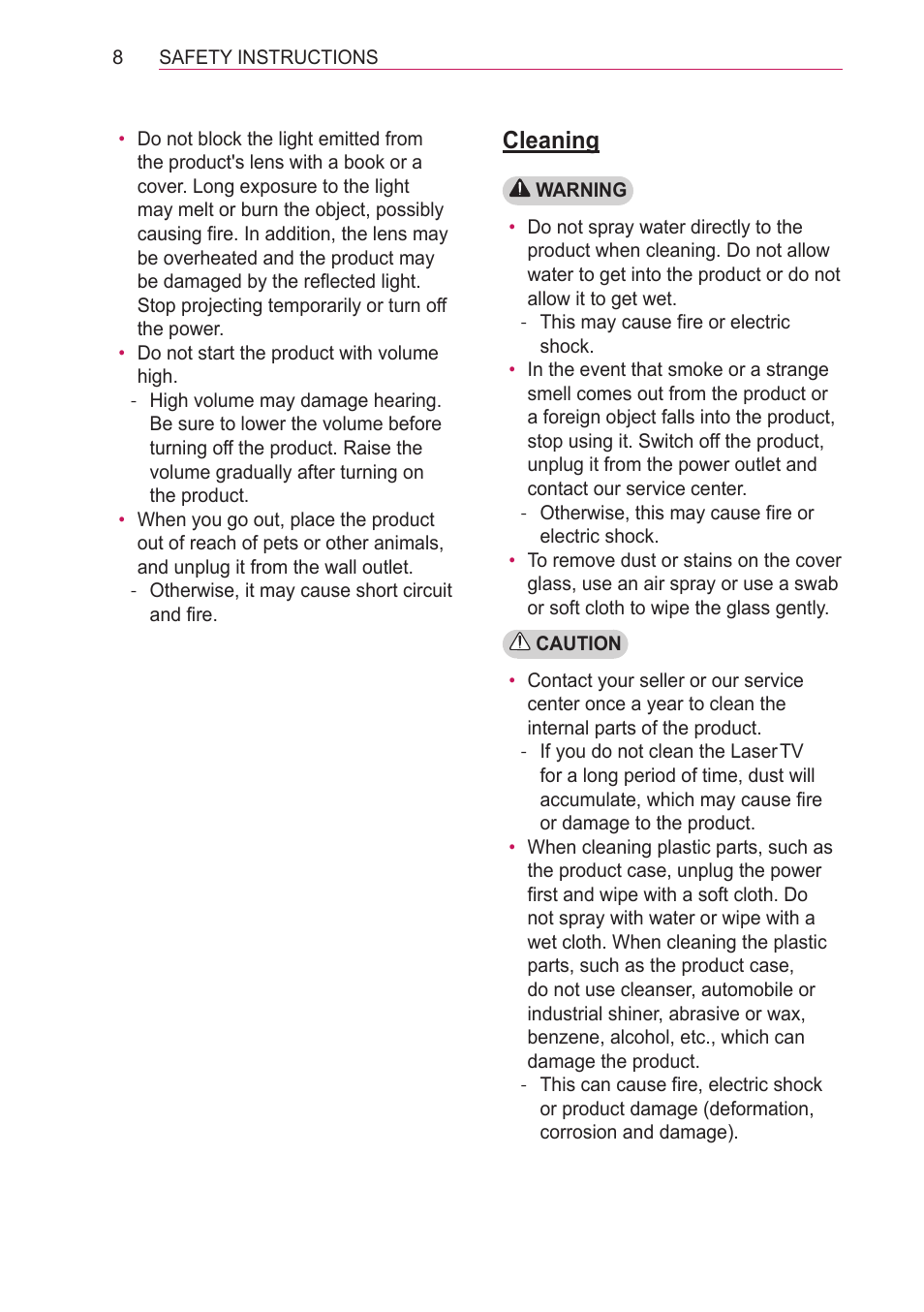 Cleaning | LG HECTO User Manual | Page 8 / 107