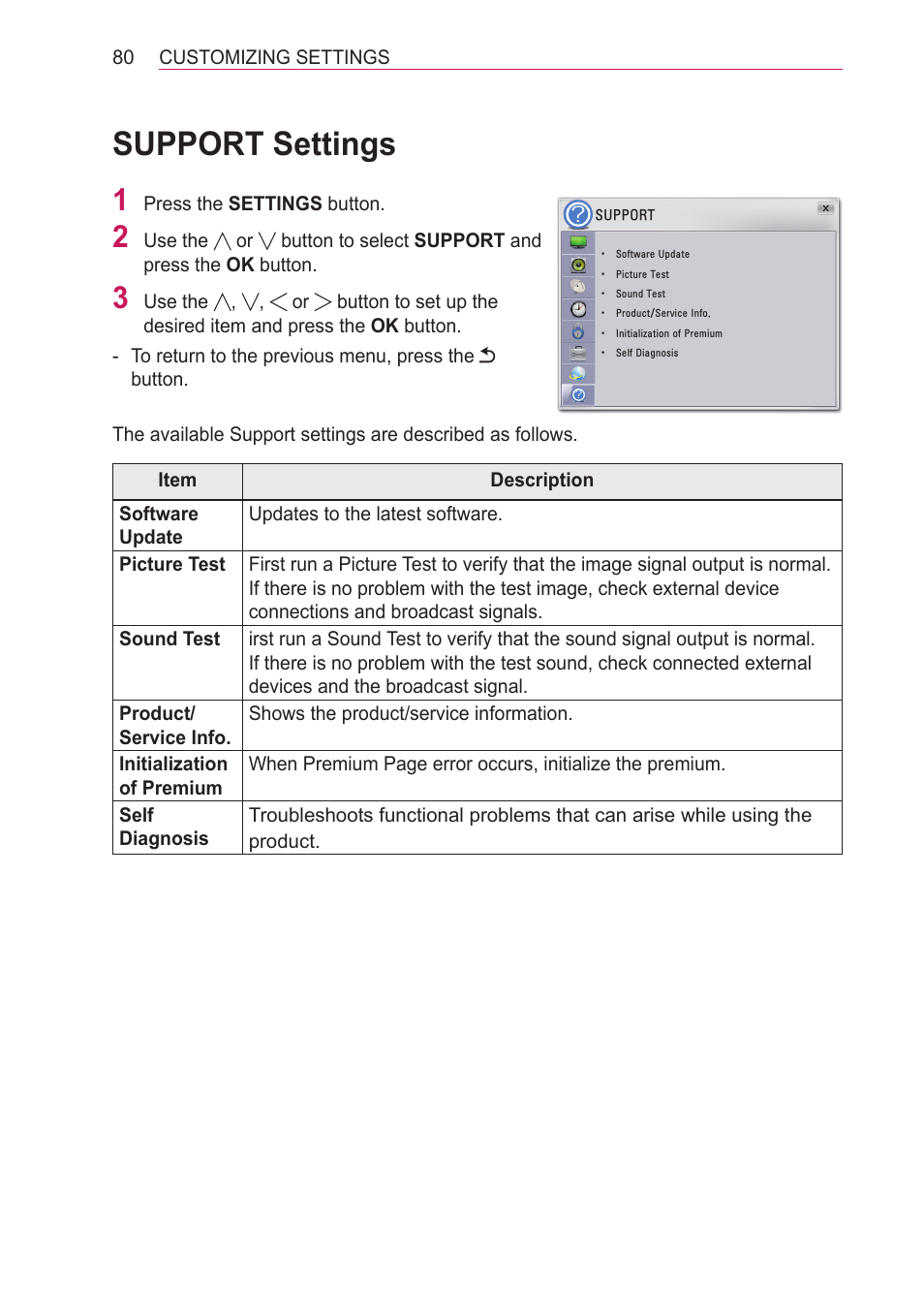 Support settings | LG HECTO User Manual | Page 80 / 107