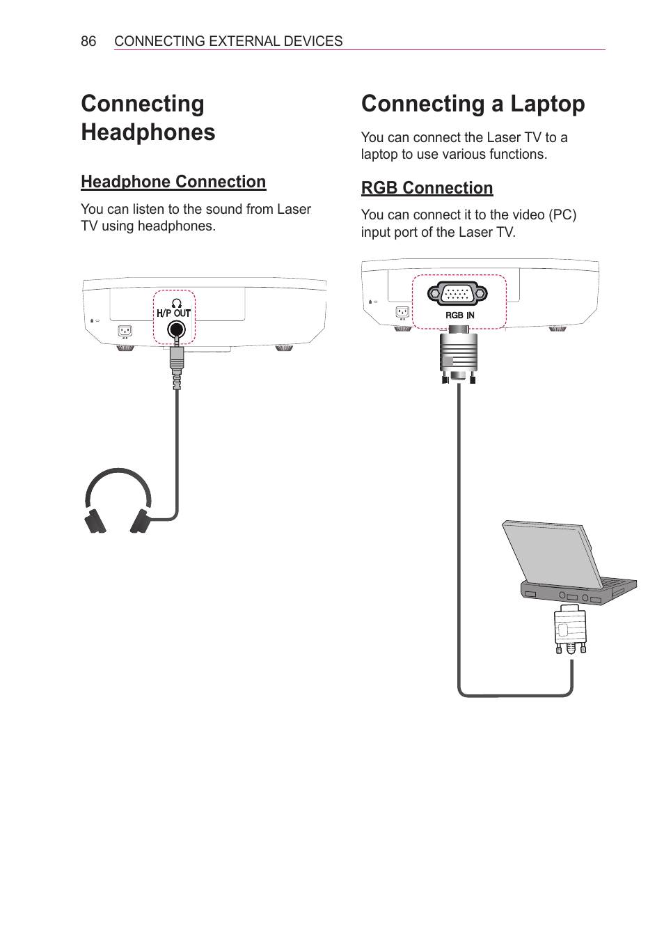 Connecting headphones, Headphone connection, Connecting a laptop | Rgb connection | LG HECTO User Manual | Page 86 / 107