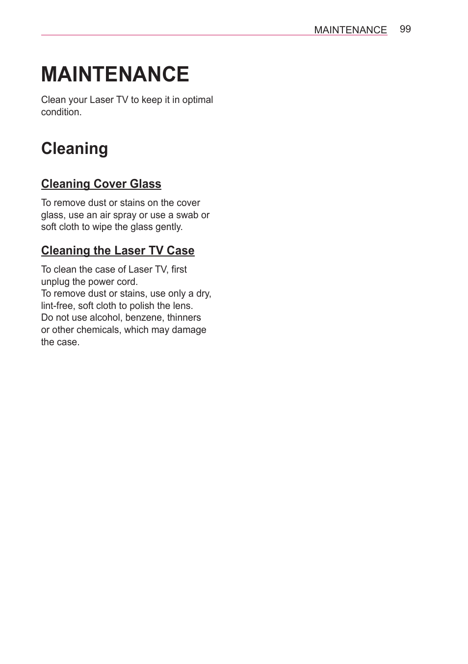 Maintenance, Cleaning, Cleaning cover glass | Cleaning the laser tv case | LG HECTO User Manual | Page 99 / 107