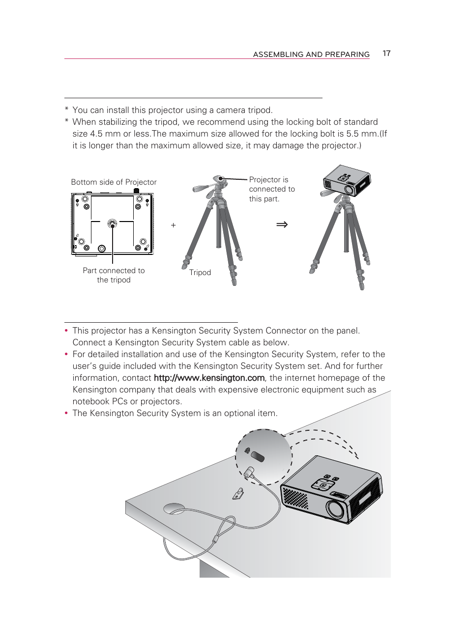 Kensington security system, How to install the projector using a tripod | LG HW350T User Manual | Page 17 / 76