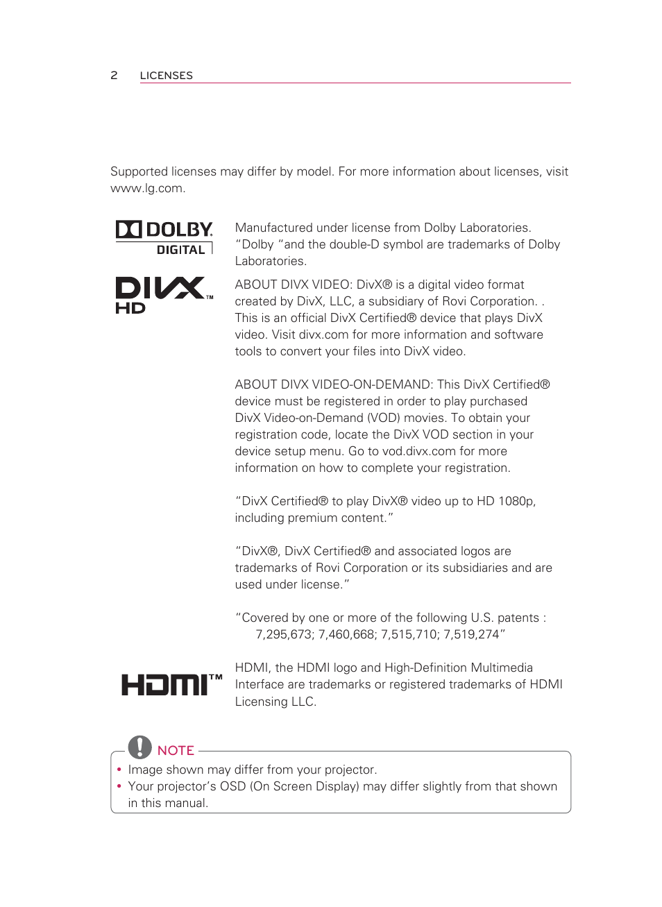 Licenses | LG HW350T User Manual | Page 2 / 76