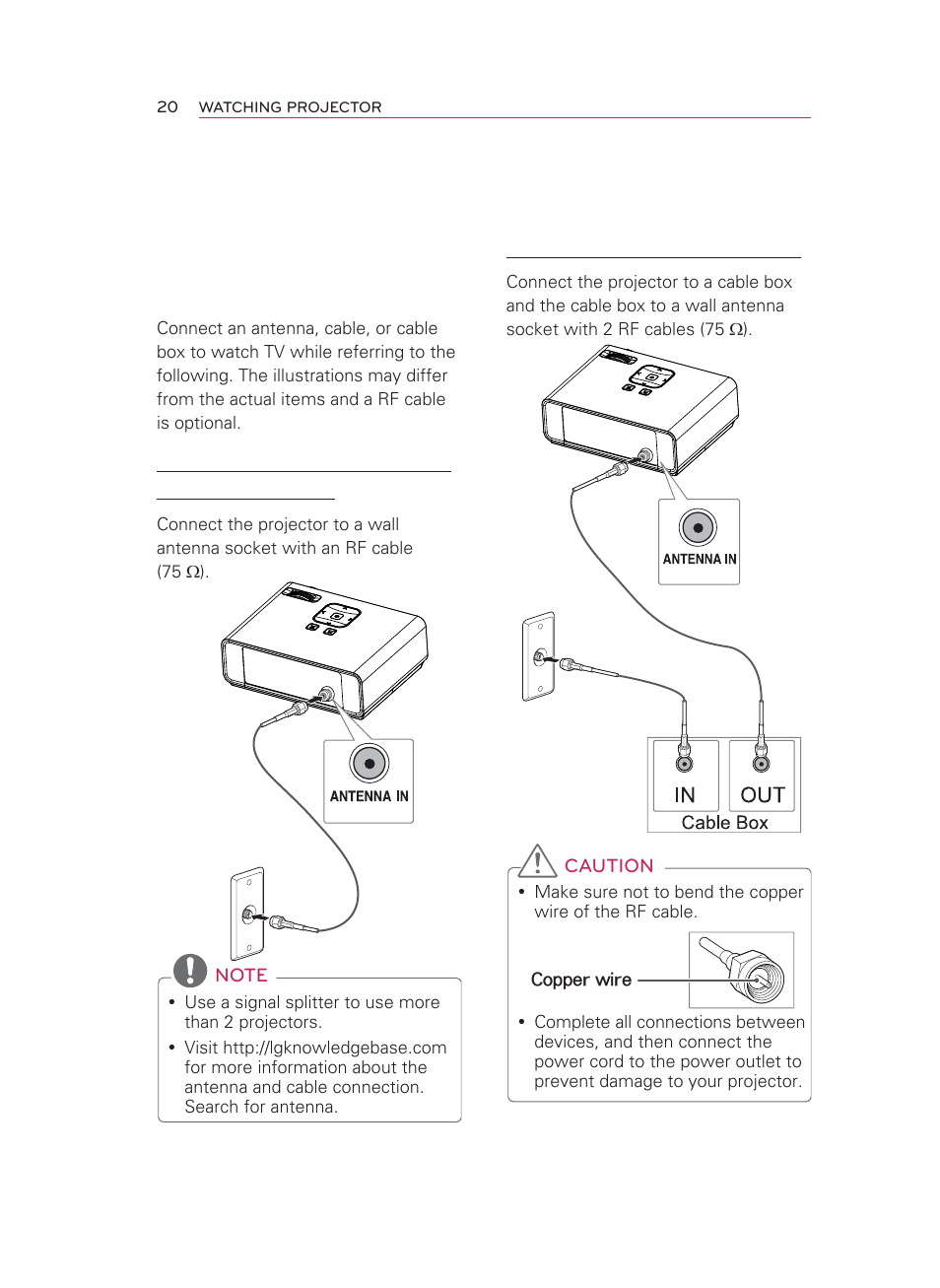Watching projector, Connecting to an antenna or cable, Connecting an antenna or basic cable | Connecting a cable box | LG HW350T User Manual | Page 20 / 76
