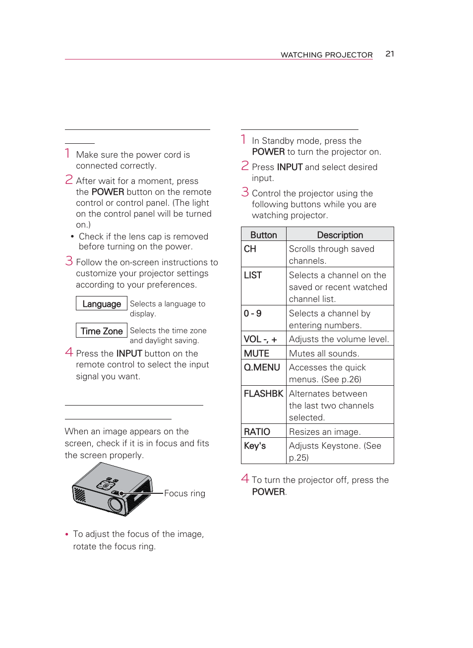 Watching projector, Turning on for the first time, Focus and position of the screen image | LG HW350T User Manual | Page 21 / 76