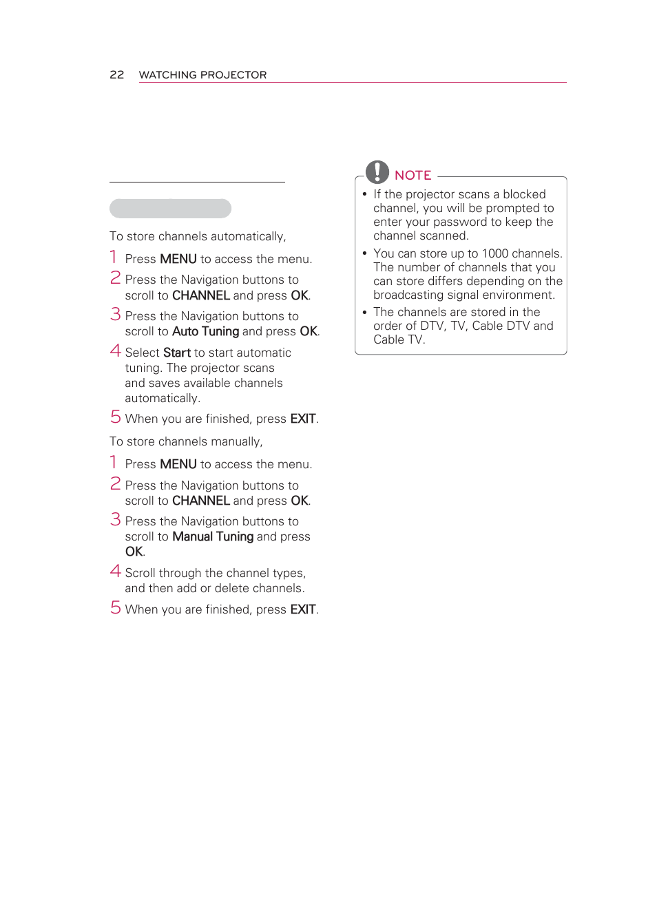 Managing channels, Setting up channels | LG HW350T User Manual | Page 22 / 76