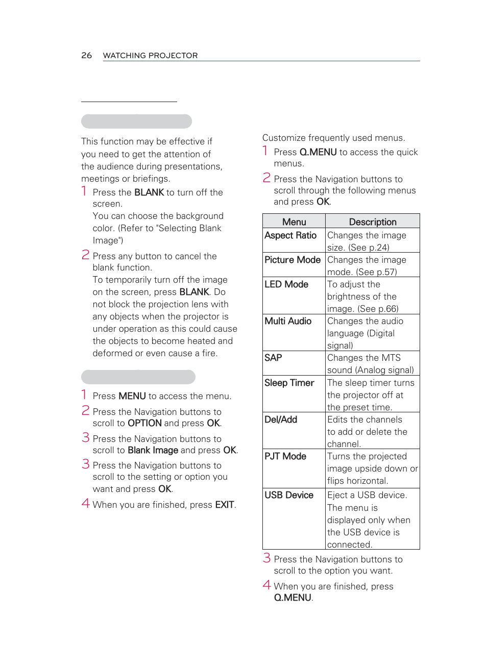 Using the quick menu, Blank function | LG HW350T User Manual | Page 26 / 76