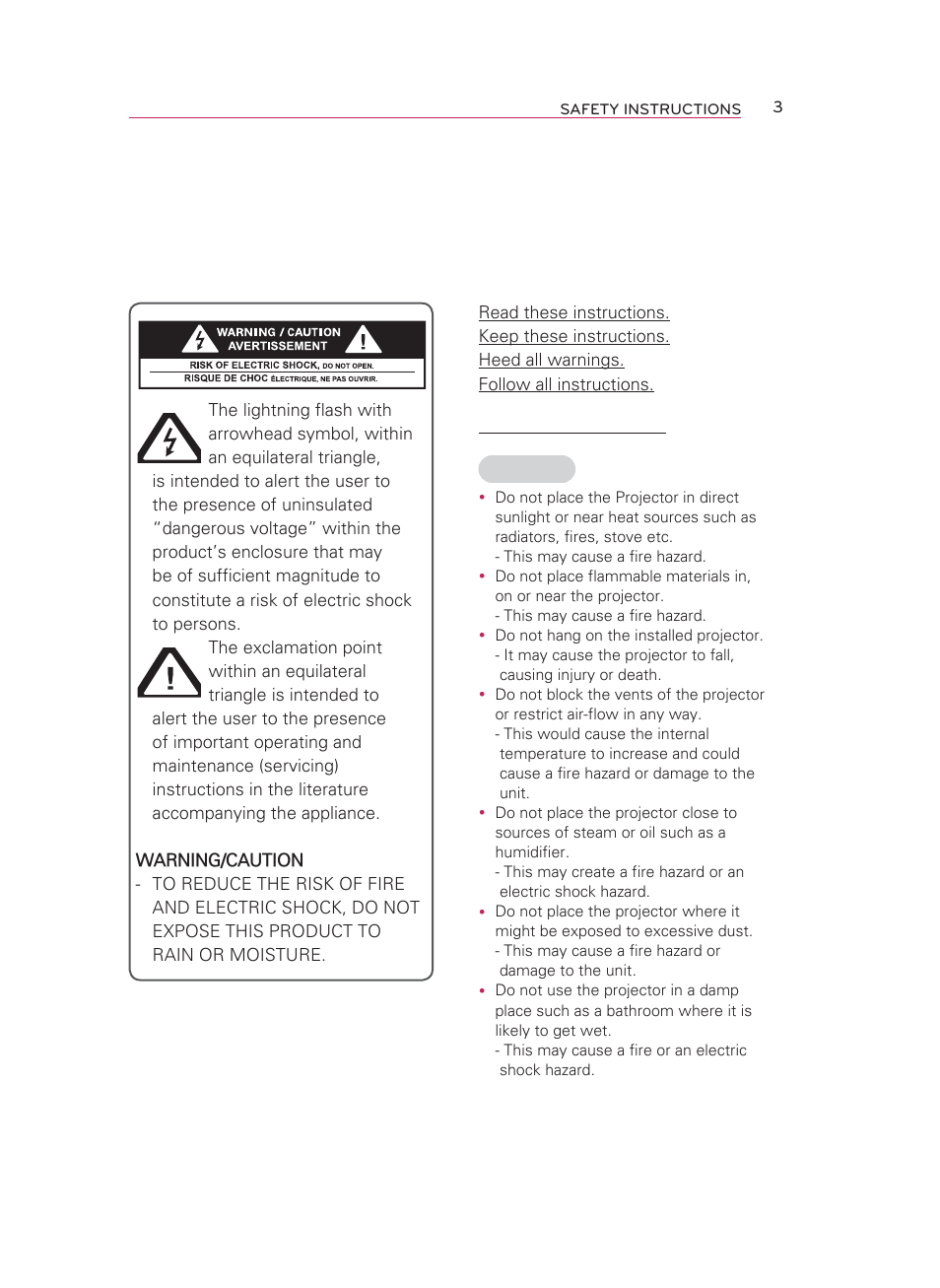 Safety instructions, Indoor installation | LG HW350T User Manual | Page 3 / 76