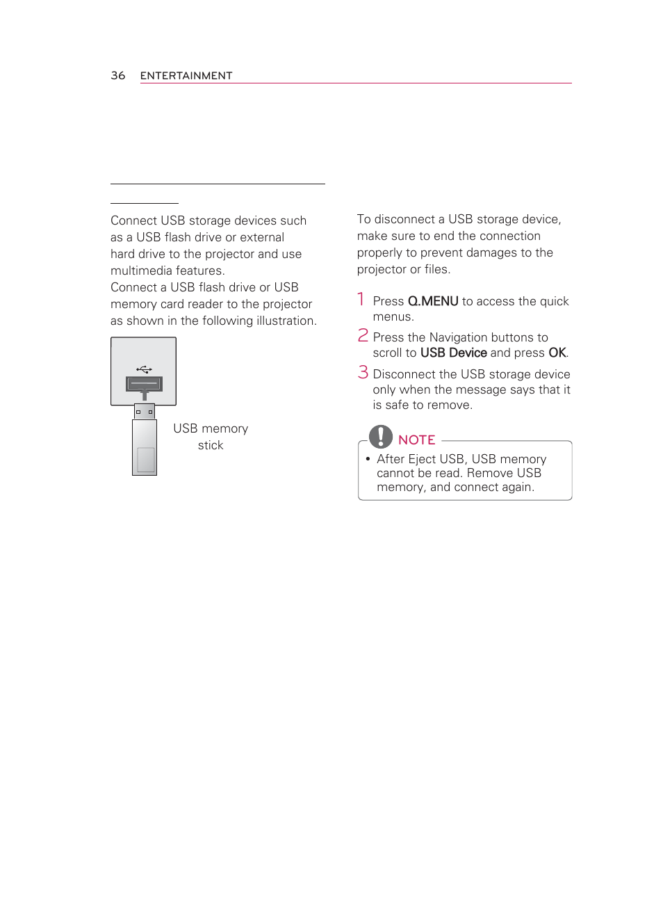 My media, Connecting usb storage devices | LG HW350T User Manual | Page 36 / 76