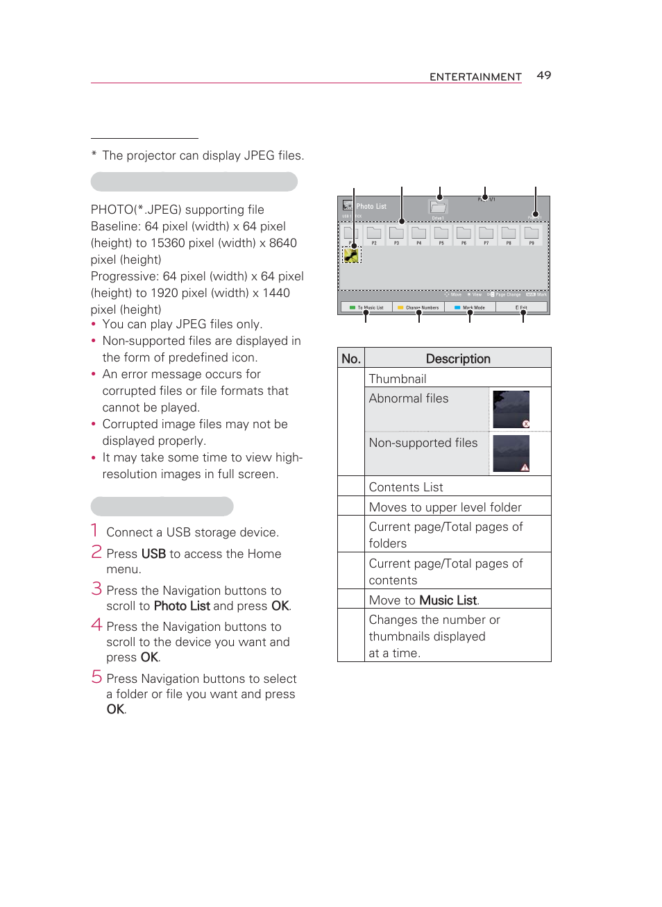 Photo list, Photo supported file formats, Browsing photo list | LG HW350T User Manual | Page 49 / 76